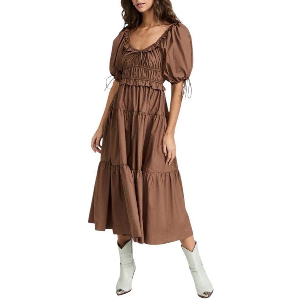 En Saison Brown Puff Sleeve Tiered Midi Dress Cotton Poplin Size M Boho Chic